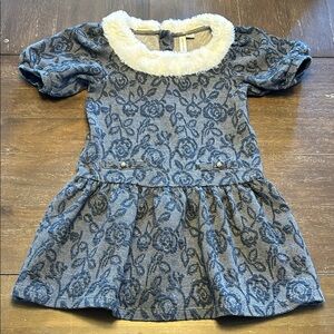 Janie and Jack Navy Cotton Tapestry Dress with White Faux Fur Collar